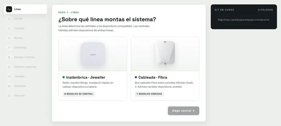 Vista del configurador de kits Ajax de Maxim Miranda, primer paso