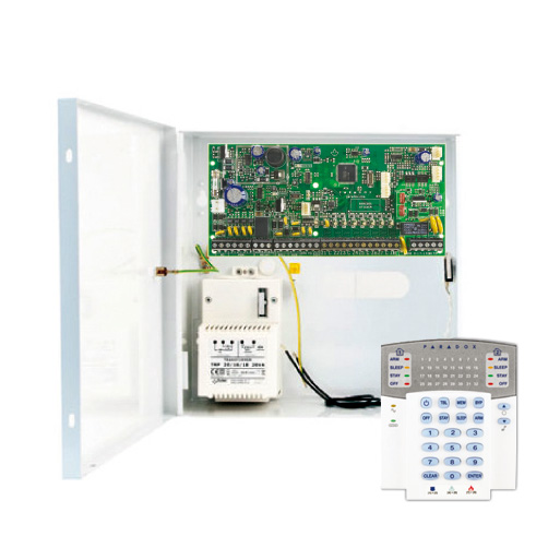 Kit compuesto por: 1x Central PCBSP6000 de 8 zonas, 1x Caja metalica grande con transformador, 1x Teclado cableado de le PAR-133