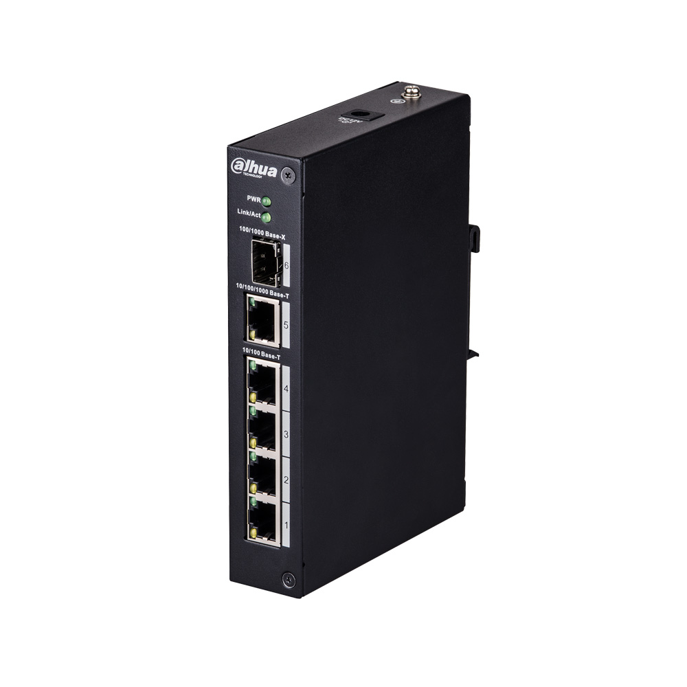Switch industrial (L2) no gestionable de 4 puertos Fast Ethernet + 1 puerto uplink Gigabit + 1 puerto 1000Base-X SFP DAHUA-1416