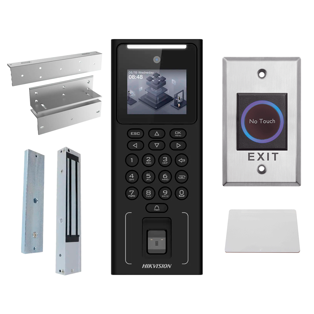 Kit de control de acceso - Facial, huella, tarjeta MF y PIN - Autónomo, ventosa, perfil, pulsador y tarjeta - 2.4" ... DS-KAS321