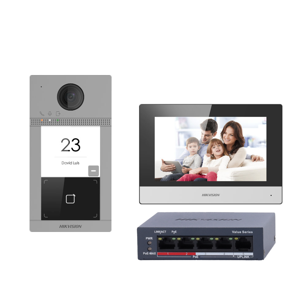 Kit de videoportero con dos relés - Tecnología IP & WiFi | Switch PoE - Placa y monitor | Permite 16 monitores... DS-KIS604-S(C)
