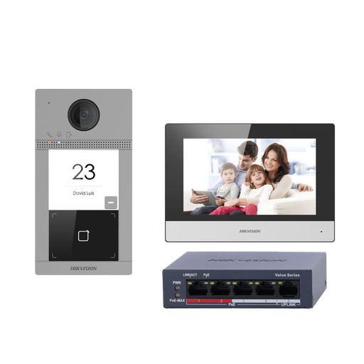 [DS-KIS604-S(C)] Kit de videoportero con dos relés - Tecnología IP & WiFi | Switch PoE - Placa y monitor | Permite 16 monitores... DS-KIS604-S(C)