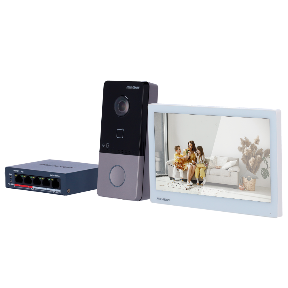 Kit de videoportero - Tecnología IP & WiFi | Switch PoE - Placa y monitor | Permite 16 monitores más - Lector MF ... DS-KIS607-S