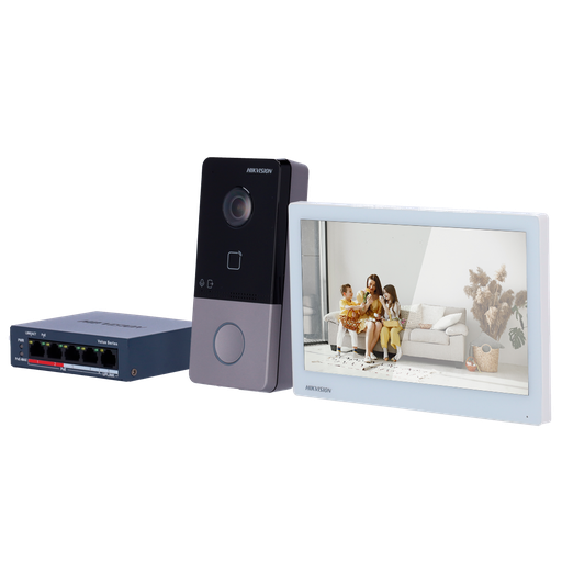 [DS-KIS607-S] Kit de videoportero - Tecnología IP & WiFi | Switch PoE - Placa y monitor | Permite 16 monitores más - Lector MF ... DS-KIS607-S