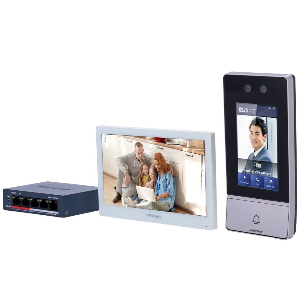 Kit de videoportero - Tecnología IP & WiFi | Switch PoE - Placa y monitor | Permite 16 monitores más - Facial, ta... DS-KIS902-S