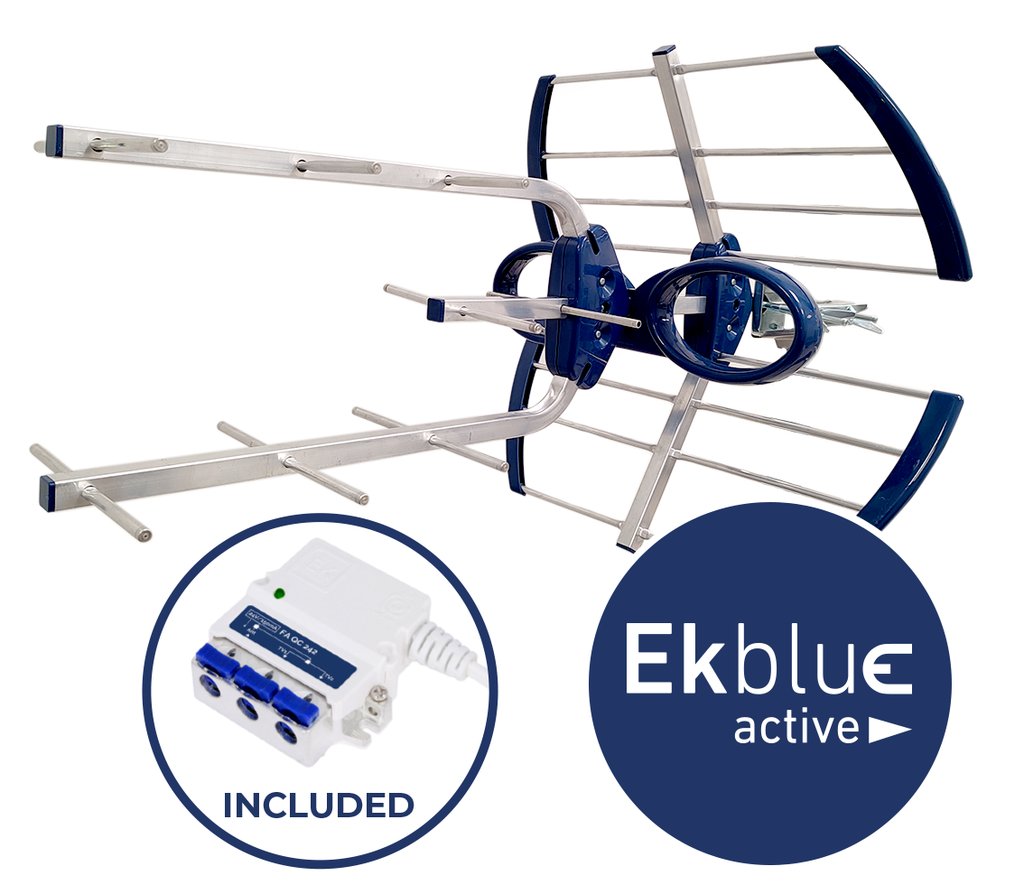 KIT EK BLUE ACTIVE · Antena UHF 694 MHz. Activa conector F. G: 38dB. Emb. Indiv. Incluye F.A