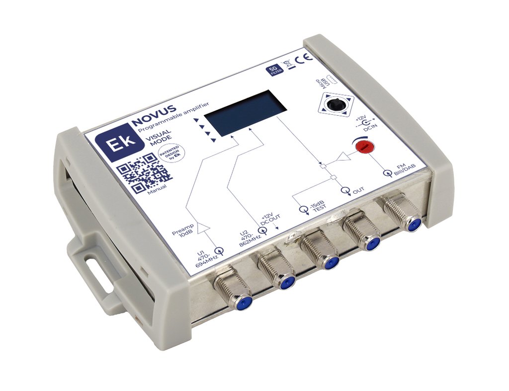 NOVUS · Amplificador ultraselectivo. 1 IN UHF(G>55dB)/  1 IN UHF (G>65dB) / 1 IN FM-DAB-BIII (G>12dB). 113dBμV.