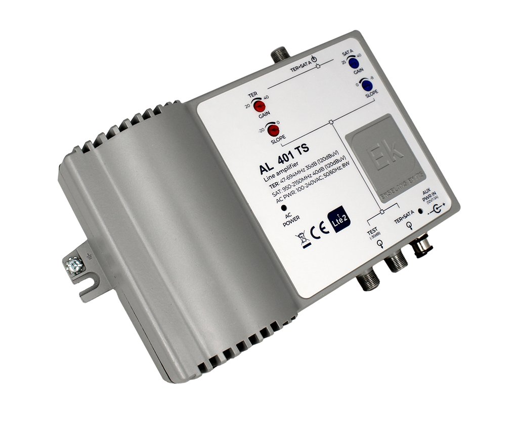 AL 401 TS · Amplif. de línea TER + SAT. 1 IN:TER+SAT (G:40dB (TER)/ 40dB(SAT)- 122dBμV(TER)/120dBμV(SAT)