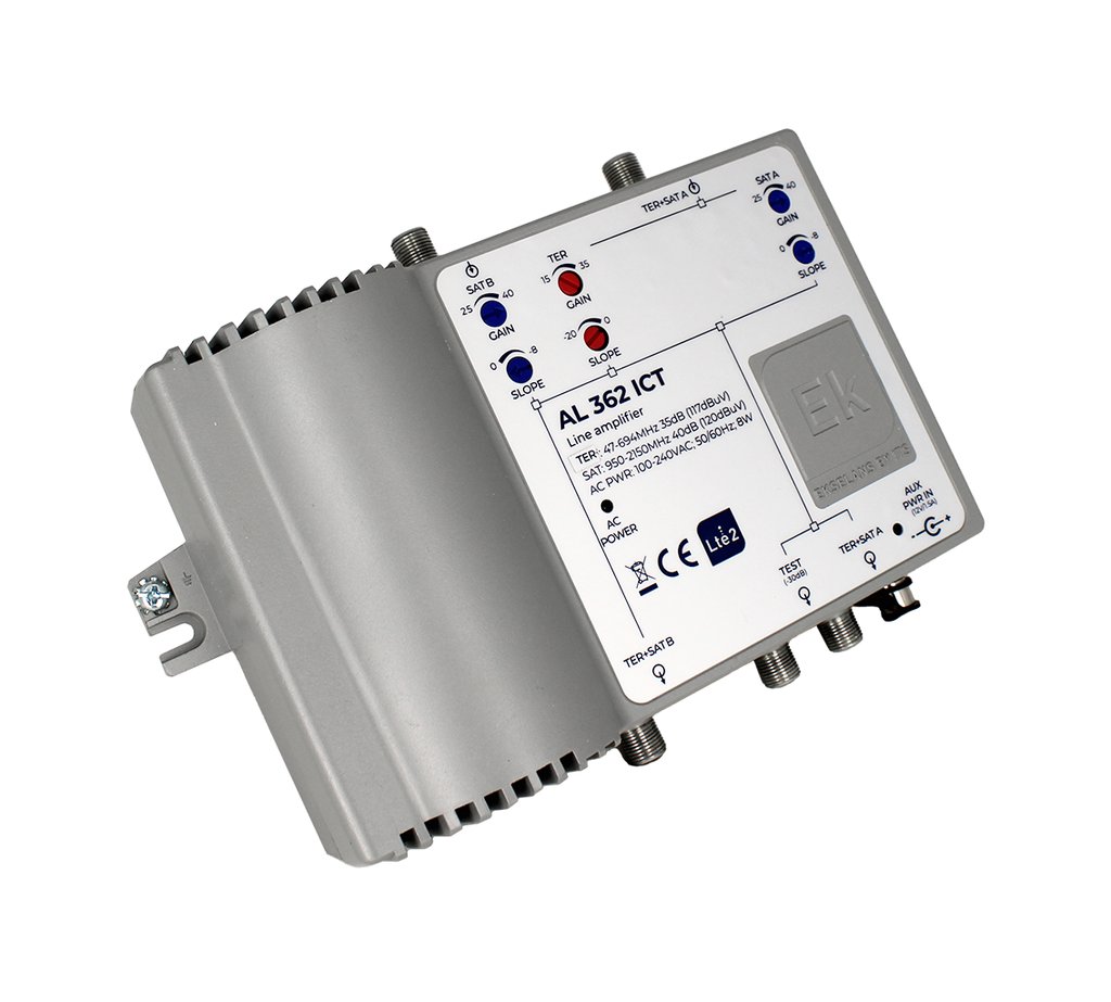 AL 362 ICT · Amplif. doble línea TER + SAT. 2 IN:TER+SAT (G:36dB(TER)/ 40dB (SAT)- 118dBμV(TER)/121dBμV(SAT)