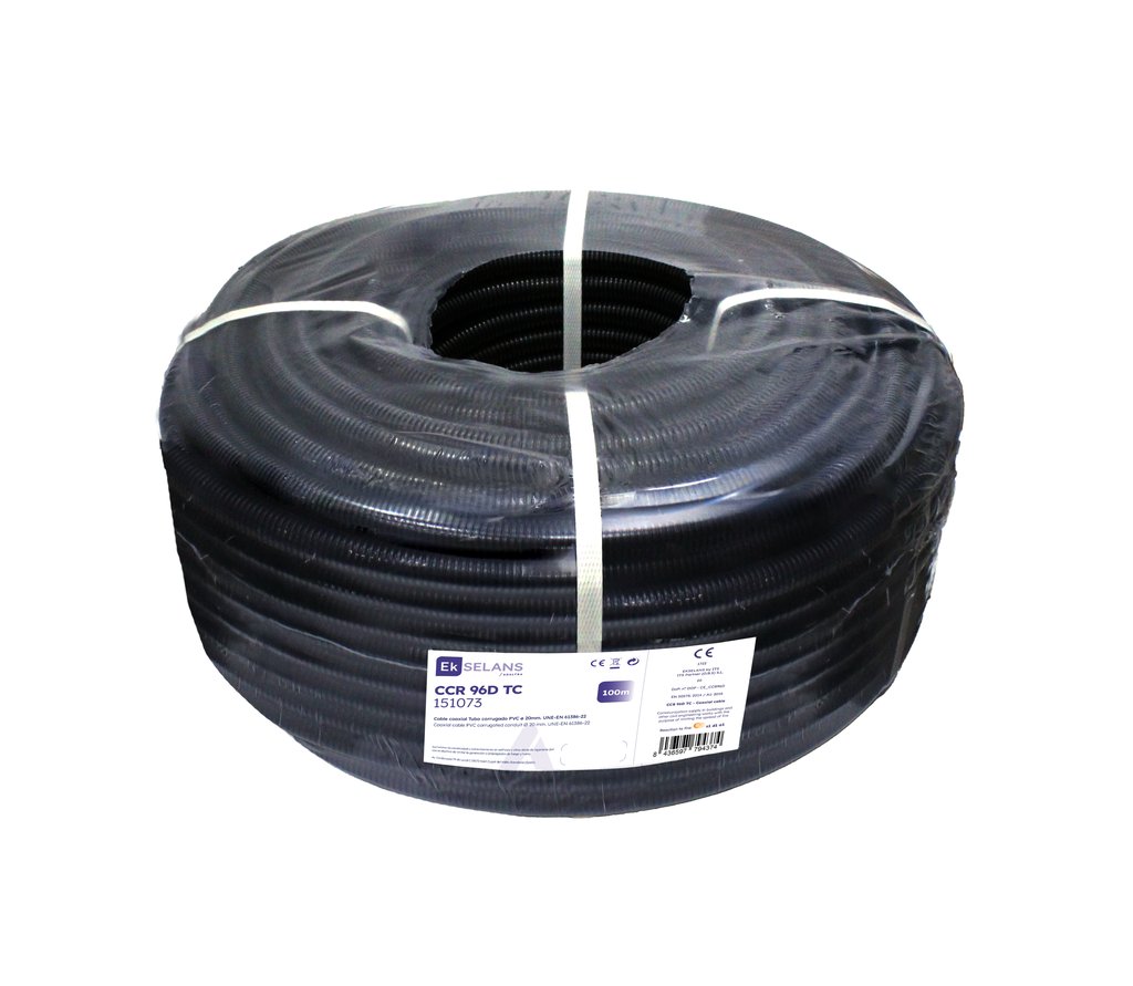 CCR 96D TC · Cable coaxial CCR96D (6,8mm, 1,02 Cu, CPR Dca) preinstalado en tubo corrugado de PVC, ø20mm