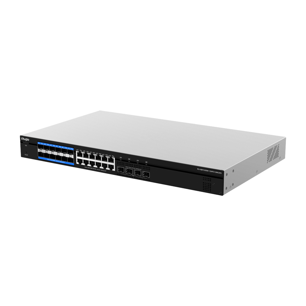 Switch Core L3 e-Lighten 2.0 con OLT integrada - 12 puertos SC 2.5G y 12 puertos RJ45 2.5G - Capacidad de conmutación total de 240 Gbps - Static LAG/DHCP Snoop/IGMP Snoop/Port Mirror - VLAN/Port Isola - RG-NBF5300M-12MFS12MG4XS