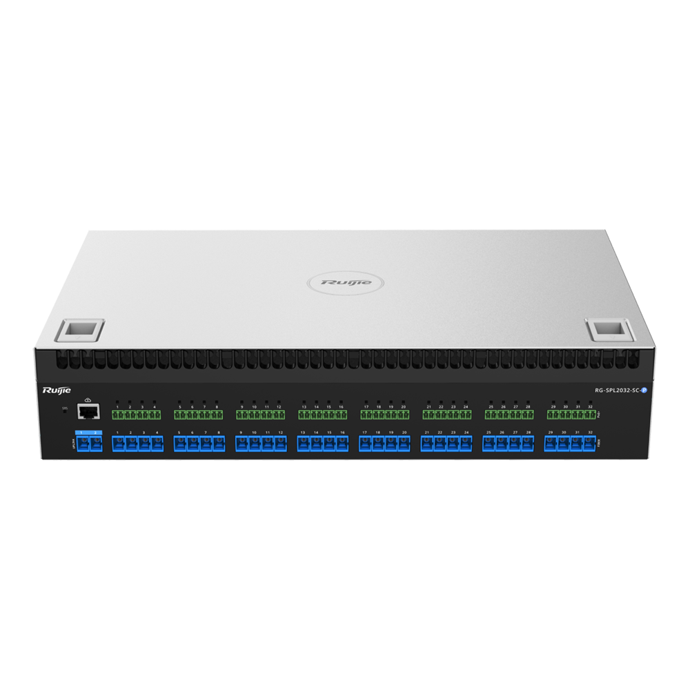 Splitter óptico activo e-Lighten de 2 entradas y 32 salidas - Compatible con cable híbrido PoF para energía remota - Protección de enlace de alimentación y anti-sobrecarga - Diseño All-in-One con band - RG-SPL2032-SC-P
