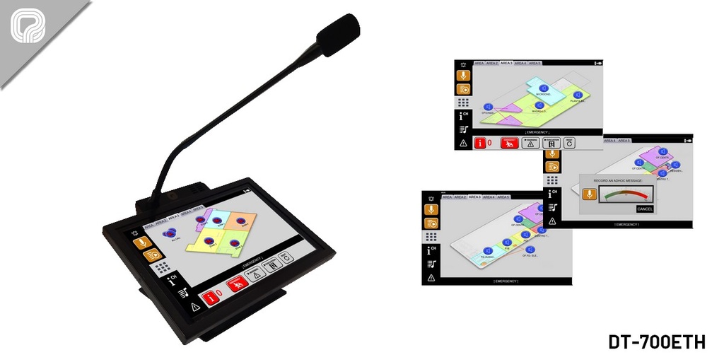 DT-700ETH · Consola de control con micrófono. Pantalla táctil TFT 10”. Conexión IP