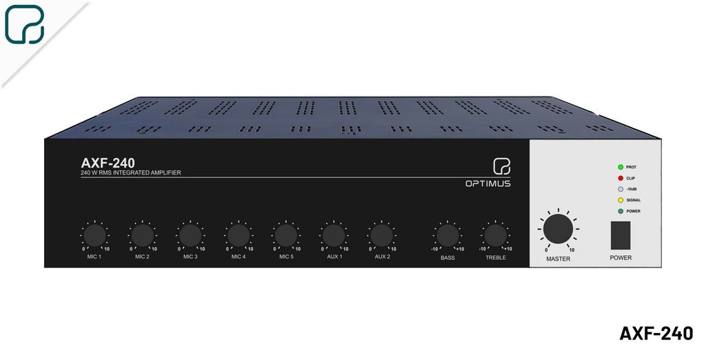 AXF-240 · Amplificador 240 W RMS (100 V, 70 V y 4 Ω). Entradas MIC (5), AUX (2) y EMG