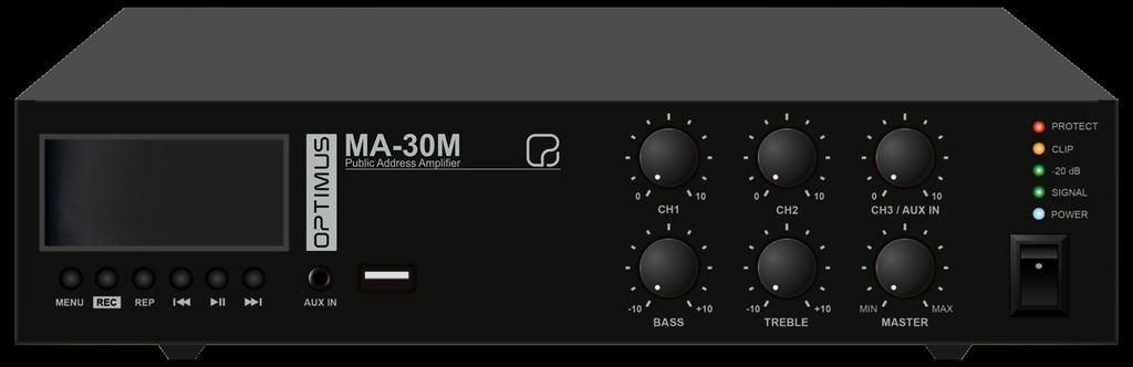 MA-30M · Amplificador 30 W RMS (100 V). Fuente MP3/USB/SD. Bluetooth. Mensaje pregrabado