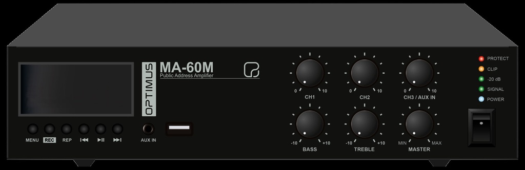MA-60M · Amplificador 60 W RMS (100 V). Fuente MP3/USB/SD. Bluetooth. Mensaje pregrabado
