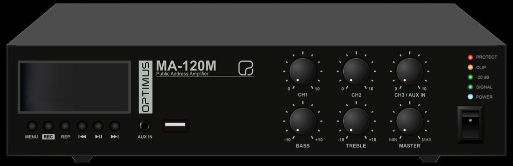 MA-120M · Amplificador 120 W RMS (100 V). Fuente MP3/USB/SD. Bluetooth. Mensaje pregrabado