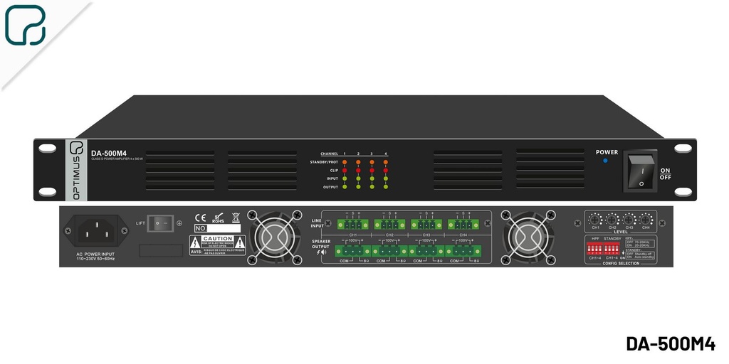 DA-500M4 · Etapa de potencia en clase D, 4 x 500 W RMS en línea de 100 V (1 u rack)