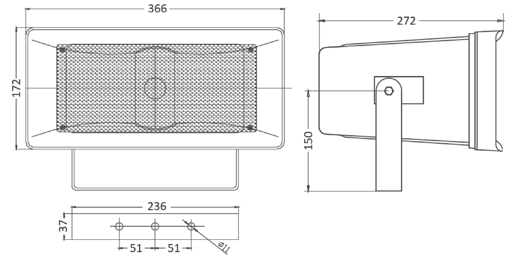 SP-30BC · Proyector acústico banda ancha 30 W RMS, 100 V & 8 ohm. Rectangular. Gris RAL 7035. IP66
