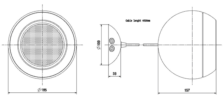 SP-916PEN · Proyector acústico esférico para colgar, 16 W RMS (16, 8 y 4 W), 100 V. Para VA (EN54)