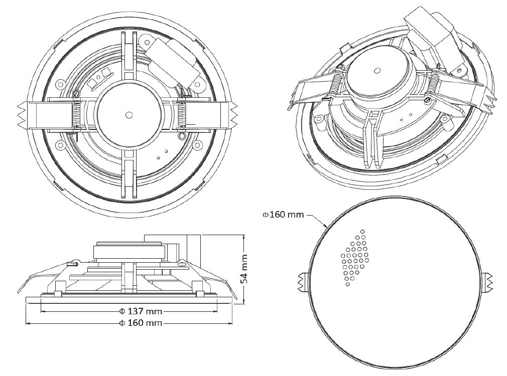 A-255BTM · Altavoz techo 5’’, 6 W RMS (6, 3 y 1,5 W), 100 V, 160 mm Ø, muelles