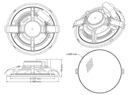 [A-255BTM] A-255BTM · Altavoz techo 5’’, 6 W RMS (6, 3 y 1,5 W), 100 V, 160 mm Ø, muelles