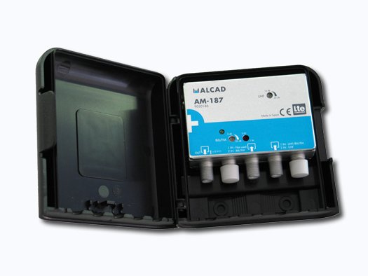 AM-187 · Amplificador de mástil 1 o 2 entradas, UHF+BIII/FM, ganancia 32 dB, rechazo LTE700, alimentación 12 Vdc
