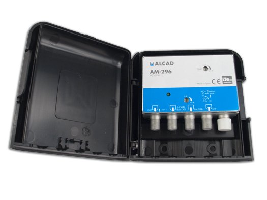 AM-296 · Amplificador de mástil 2 entradas, UHF-DAB/FM, ganancia UHF 32 dB, ganancia DAB/FM 20 dB, rechazo LTE700, alimentación 2