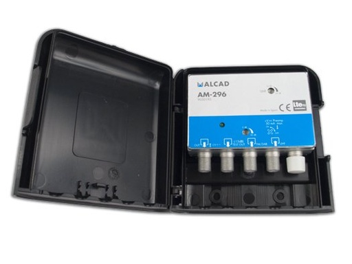 [9030195] AM-296 · Amplificador de mástil 2 entradas, UHF-DAB/FM, ganancia UHF 32 dB, ganancia DAB/FM 20 dB, rechazo LTE700, alimentación 2