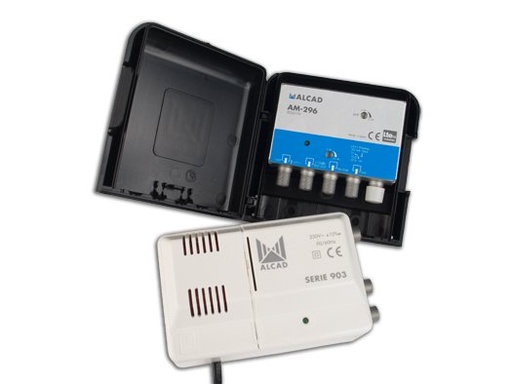 [9030199] BO-296 · Kit amplificador AM-296 y alimentador. Amplificador de mástil 2 entradas, UHF-DAB/FM, ganancia UHF 32 dB, ganancia DAB/F