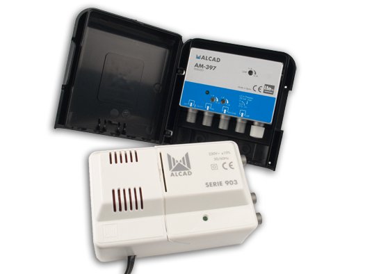 BO-397 · Kit amplificador AM-397 y alimentador. Amplificador de mástil 3 entradas, UHF-BIII/DAB- FM, ganancia UHF 32 dB, ganancia