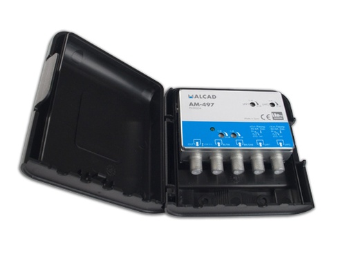 [9030204] AM-497 · Amplificador de mástil 4 entradas, UHF-UHF- BIII/DAB-FM, ganancia UHF 32 dB, ganancia BIII/DAB-FM 20 dB, rechazo LTE700,