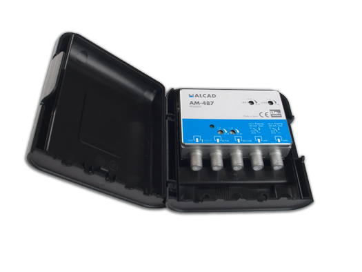 AM-487 · Amplificador de mástil 4 entradas, UHF-UHF- BIII/DAB-FM, ganancia UHF 32 dB, ganancia BIII/DAB-FM 20 dB, rechazo LTE700,