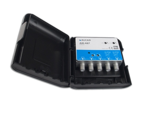 [9030205] AM-487 · Amplificador de mástil 4 entradas, UHF-UHF- BIII/DAB-FM, ganancia UHF 32 dB, ganancia BIII/DAB-FM 20 dB, rechazo LTE700,