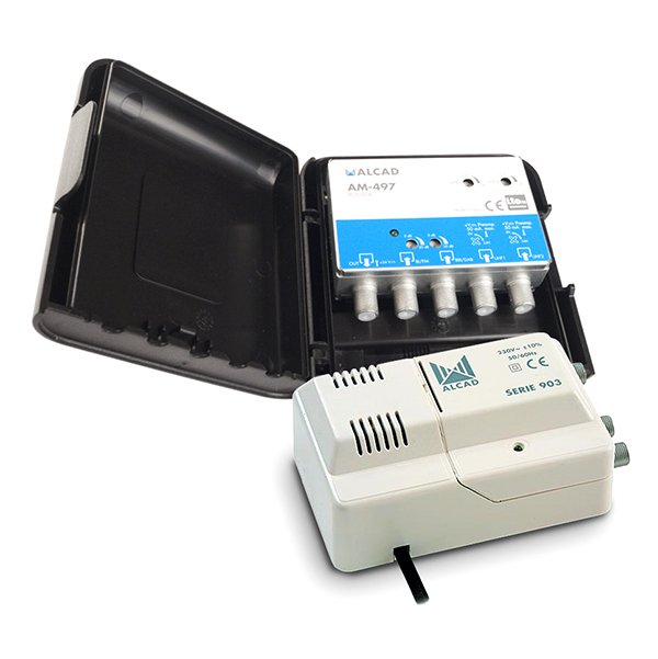 BO-497 · Kit amplificador AM-497 y alimentador. Amplificador de mástil 4 entradas, UHF-UHF- BIII/DAB-FM, ganancia UHF 32 dB, gana
