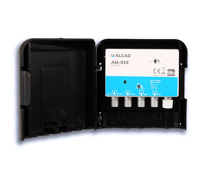 AM-915 · Amplificador de mástil 2 entradas, UHF-DAB, ganancia UHF 40 dB, ganancia DAB 28 dB, rechazo LTE700, 2 salidas, alimentac