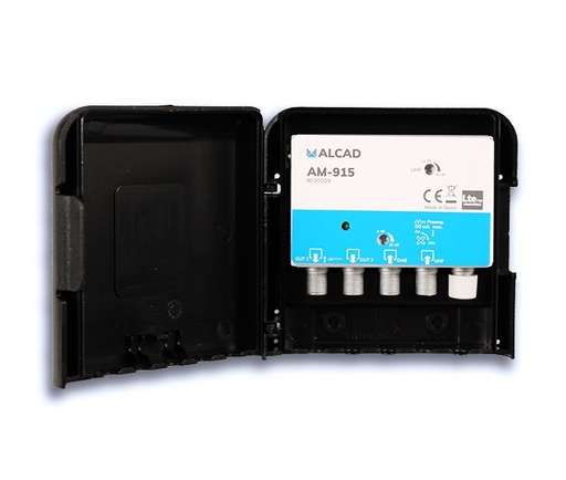[9030209] AM-915 · Amplificador de mástil 2 entradas, UHF-DAB, ganancia UHF 40 dB, ganancia DAB 28 dB, rechazo LTE700, 2 salidas, alimentac