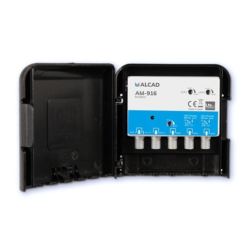 [9039910] AM-916 · Amplificador de mástil 2 entradas, UHF - UHF/DAB, ganancia UHF 40dB, ganancia DAB 28dB, rechazo LTE700, 2 salidas, alime