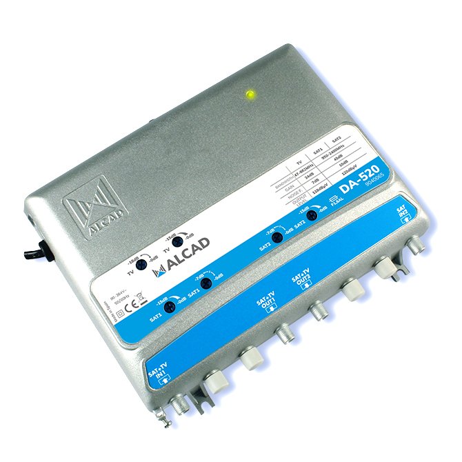 DA-520 · Amplificador de distribución doble, 2 entradas, 2 salidas, TV/SAT-TV/SAT, nivel de salida 118 dBµV