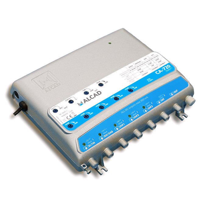 CA-720 · Amplificador de cabecera TV terrestre y satélite, 6 entradas, 1 salida, FI-UHF-UHF-UHF-BIII/DAB- BI/FM, nivel de salida 
