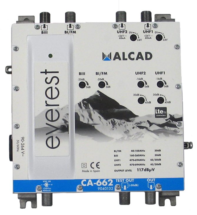CA-662 · Amplificador multibanda 4 entradas, 1 salida, UHF- UHF-BIII-BI/FM, rechazo LTE700, nivel de salida 117 dBµV