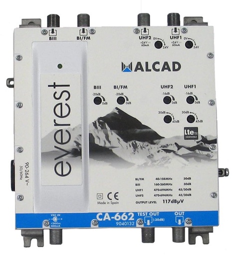 [9040132] CA-662 · Amplificador multibanda 4 entradas, 1 salida, UHF- UHF-BIII-BI/FM, rechazo LTE700, nivel de salida 117 dBµV