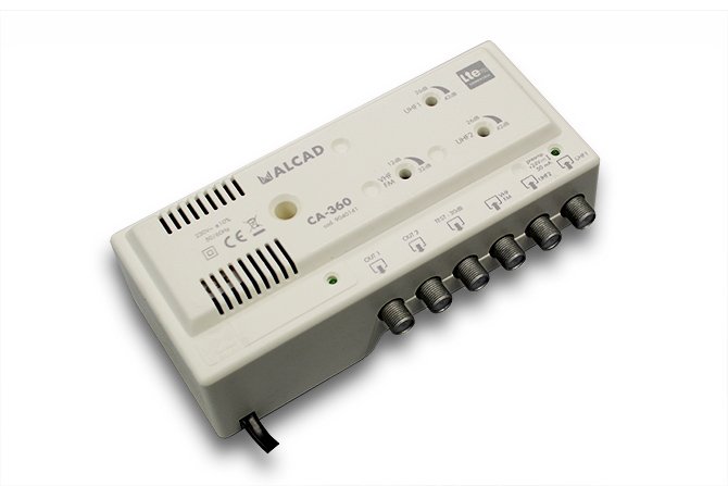 CA-360 · Amplificador de cabecera 3 entradas, 2 salidas, UHF-UHF-VHF/FM, rechazo LTE700, 2x110 dBµV