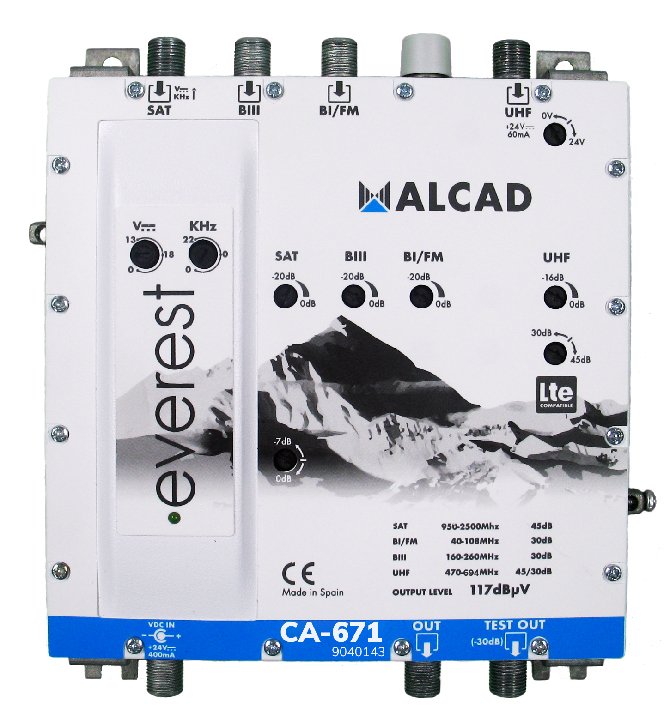 CA-671 · Amplificador multibanda TV terrestre y satélite 4 entradas, 1 salida, FI-UHF-BIII-BI/FM, rechazo LTE700, nivel de salida