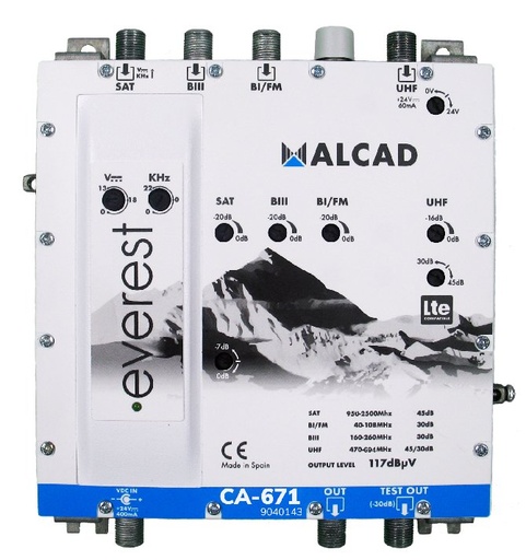 [9040143] CA-671 · Amplificador multibanda TV terrestre y satélite 4 entradas, 1 salida, FI-UHF-BIII-BI/FM, rechazo LTE700, nivel de salida