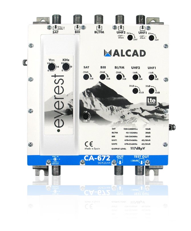 CA-672 · Amplificador multibanda TV terrestre y satélite 5 entradas, 1 salida, FI-UHF-UHF-BIII-BI/FM, rechazo LTE700, nivel de sa
