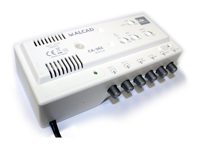 CA-362 · Amplificador de cabecera 4 entradas, 2 salidas, UHF-UHF-BIII-BI/FM, rechazo LTE700, 2x110 dBµV