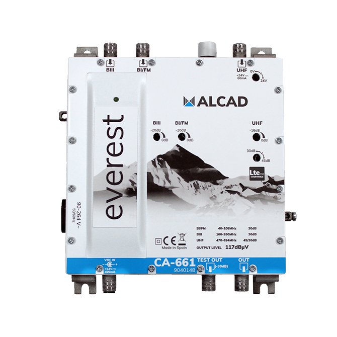 CA-661 · Amplificador multibanda 3 entradas, 1 salida, UHF- BIII-BI/FM, rechazo LTE700, nivel de salida 117 dBµV