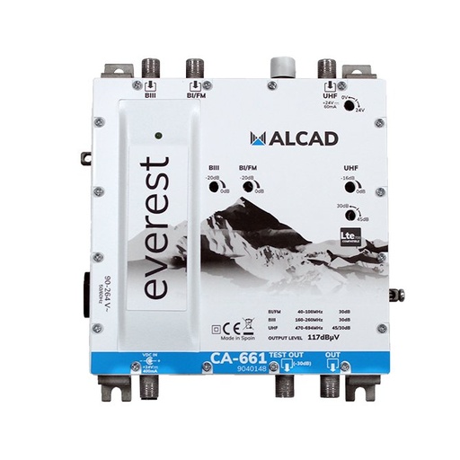[9040148] CA-661 · Amplificador multibanda 3 entradas, 1 salida, UHF- BIII-BI/FM, rechazo LTE700, nivel de salida 117 dBµV