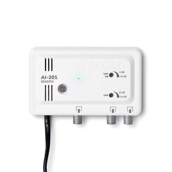 AI-201 · Amplificador de apartamento 1 entrada, 2 salidas, UHF-VHF/S, ganancia UHF 24 dB, ganancia VHF/S 14 dB